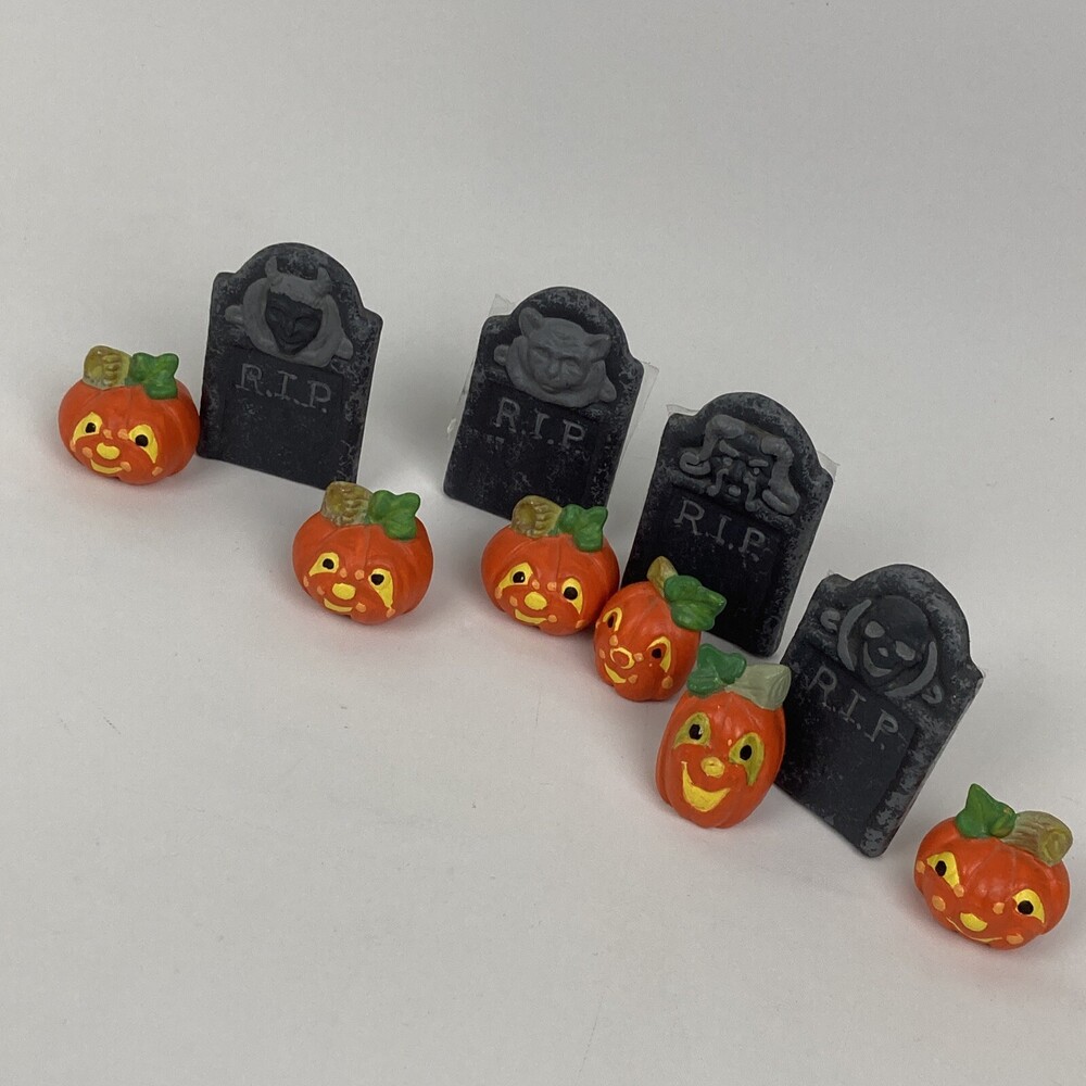 VTG 90s Halloween Ceramic Village Handmade Graveyard & JOL Pumpkin